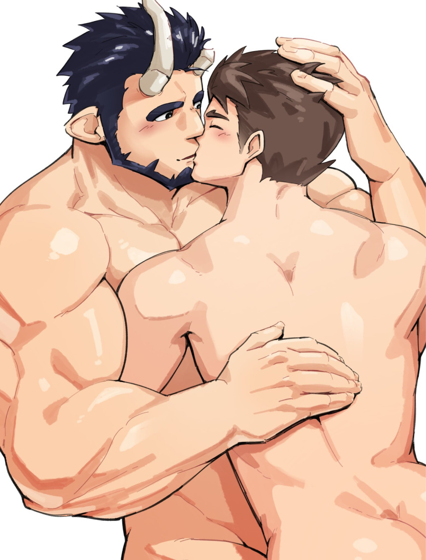 2boys ass_peek bara beard black_hair blush broken_horn completely_nude couple demon_boy demon_horns facial_hair from_above hand_on_another's_head highres horns kansuke_(kansuke_717) kiss large_pectorals live_a_hero male_focus male_protagonist_(live_a_hero) mature_male multiple_boys muscular muscular_male nessen_(live_a_hero) nude pectorals short_hair size_difference smile thick_eyebrows yaoi