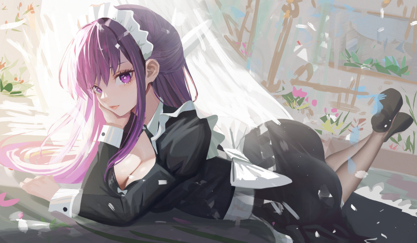 1girl alternate_costume ass black_dress black_footwear breasts cleavage closed_mouth collared_dress curtains day dress enmaided falling_petals feet_up fern_(sousou_no_frieren) hair_between_eyes half_updo hand_on_own_cheek hand_on_own_face head_rest highres large_breasts light_smile long_dress long_hair long_sleeves looking_at_viewer lying maid maid_headdress neorarty on_stomach pantyhose petals purple_eyes purple_hair purple_pupils shoes solo sousou_no_frieren sunlight wrist_cuffs