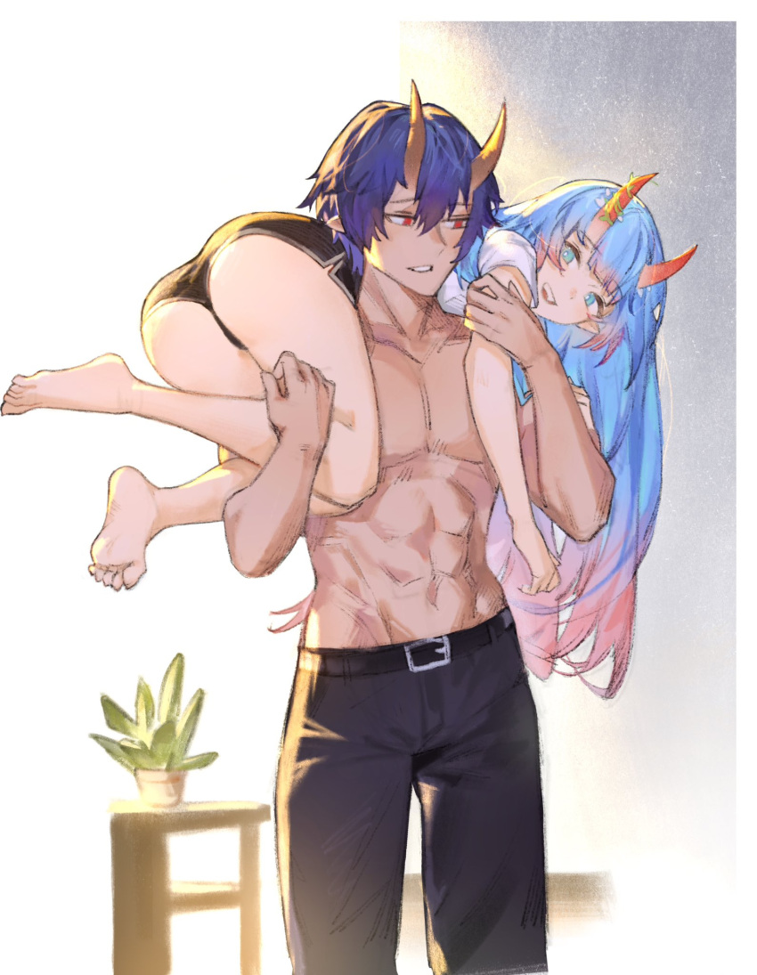 1girl abs alice_(s7nsles) aqua_eyes bare_legs barefoot belt black_belt black_pants black_shorts blue_hair carrying collarbone commentary english_commentary fireman's_carry gradient_hair hair_between_eyes highres horns light_blue_hair long_hair lucadark_art multicolored_hair muscular muscular_male oni open_mouth original pants pink_hair plant pointy_ears potted_plant red_eyes shirt short_hair short_sleeves shorts teeth thighs topless_male white_shirt