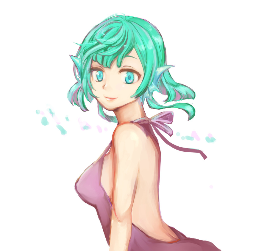 1girl absurdres aqua_eyes aqua_hair back backless_dress backless_outfit bangs bare_back clarice_amber dress from_behind head_fins highres looking_at_viewer looking_back pop-up_story short_hair simple_background siren_(mythology) smile solo vetica white_background