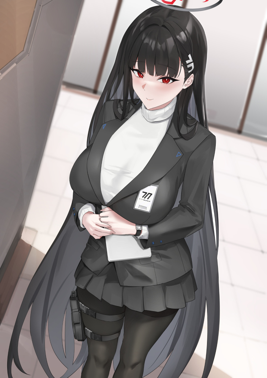 1girl black_hair black_pantyhose blazer blazingchaos blue_archive blush breasts hair_ornament hairclip halo highres holster jacket long_hair looking_at_viewer pantyhose pleated_skirt red_eyes rio_(blue_archive) skirt smile solo sweater thigh_holster turtleneck turtleneck_sweater very_long_hair watch wristwatch