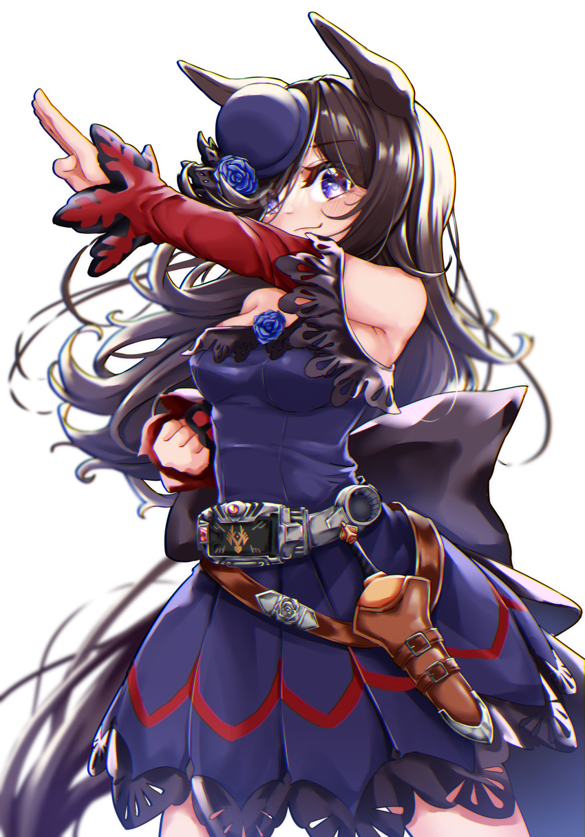 1girl absurdres animal_ears back_bow belt black_bow black_hair blue_dress blue_flower blue_headwear blue_rose bow brown_belt clenched_hand closed_mouth cowboy_shot dagger dress flower hair_over_one_eye hat hat_flower highres horse_ears horse_girl horse_tail kamen_rider kamen_rider_ryuki_(series) knife large_bow long_hair long_sleeves looking_at_viewer off-shoulder_dress off_shoulder pleated_dress purple_eyes rice_shower_(umamusume) rose sheath sheathed short_dress simple_background smile solo standing tabunshake tail tilted_headwear umamusume weapon white_background