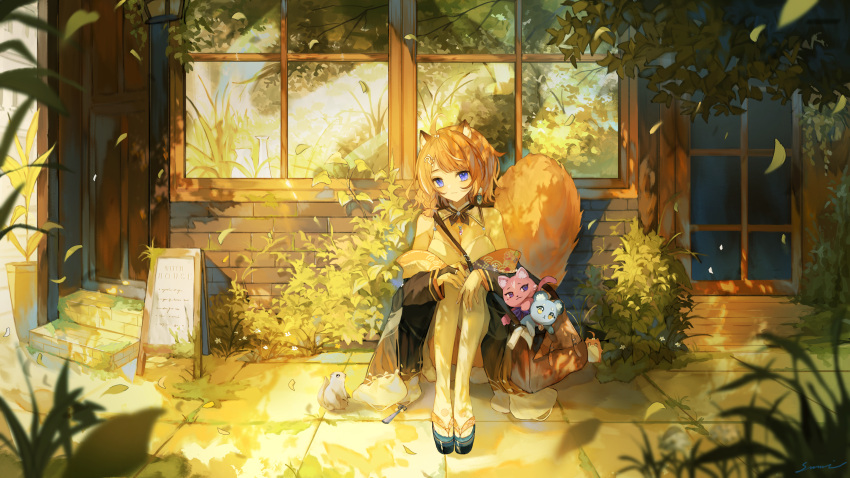 !? 1girl absurdres ahoge animal_ears autumn bag blue_eyes breasts bush convenient_censoring detached_collar door fox_ears fox_girl fox_tail highres japanese_clothes knees_up large_breasts leaf meridian_project orange_hair shoes shop short_hair shoulder_bag sitting sumi_0525 tail thighhighs window yuzumi_(meridian_project)