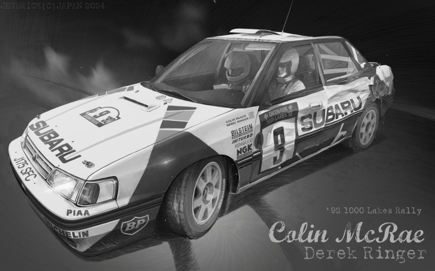 2boys car commentary_request dent greyscale jettoburikku monochrome motor_vehicle multiple_boys race_vehicle racecar racing rally_car subaru_(brand) subaru_legacy world_rally_championship