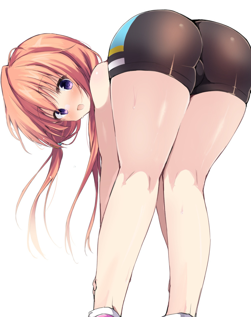 :o ass blue_hair_tie cameltoe hair_tie highres kin-iro_loveriche kneeling kuryuu_akane long_bangs long_hair looking_at_viewer orange_hair pink_sneakers purple_eyes shoes shorts single_hair_intake sneakers sportswear takepoison twintails