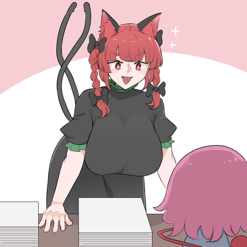 2girls :d animal_ears black_bow bow braid breasts cat_ears cat_girl cat_tail commentary desk dress english_commentary extra_ears green_dress hair_bow highres kaenbyou_rin komeiji_satori large_breasts leaning_forward mata_(matasoup) multiple_girls multiple_tails open_mouth paper_stack pink_background pink_hair red_eyes red_hair short_hair smile solo_focus tail third_eye touhou twin_braids two-tone_background two_tails white_background