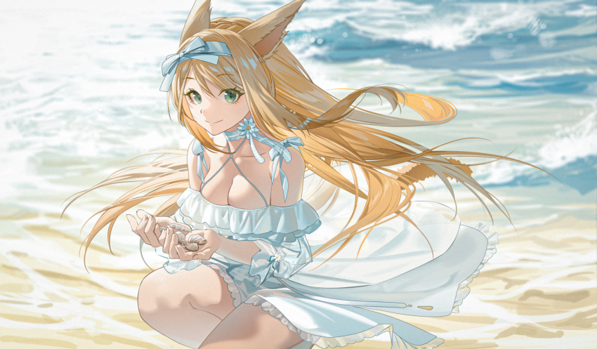 1girl animal_ears bikini blonde_hair blue_bikini blue_ribbon blue_sarong breasts cat_ears cat_tail choker cleavage closed_mouth eyebrows_hidden_by_hair feet_out_of_frame final_fantasy final_fantasy_xiv floating_hair frilled_choker frills green_eyes hair_between_eyes hair_ribbon highres holding large_breasts lips long_hair looking_at_viewer miqo'te mole ocean rff_(3_percent) ribbon sarong seashell see-through_sarong shell smile solo swimsuit tail warrior_of_light_(ff14)