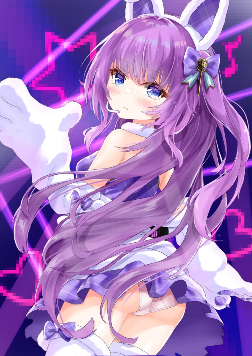 1girl absurdres animal_ears animal_hands ass azur_lane blue_eyes blush butt_crack classic_(zildjian33) commentary_request concert eyes_visible_through_hair fake_animal_ears from_behind gloves hairband highres leaning_forward light_rays long_hair long_sleeves looking_at_viewer looking_back md5_mismatch microphone panties pantyshot paw_gloves plaid plaid_skirt pleated_skirt purple_hair rabbit_ears sidelocks skirt solo tashkent_(azur_lane) tashkent_(muse)_(azur_lane) thighhighs underwear white_panties white_thighhighs