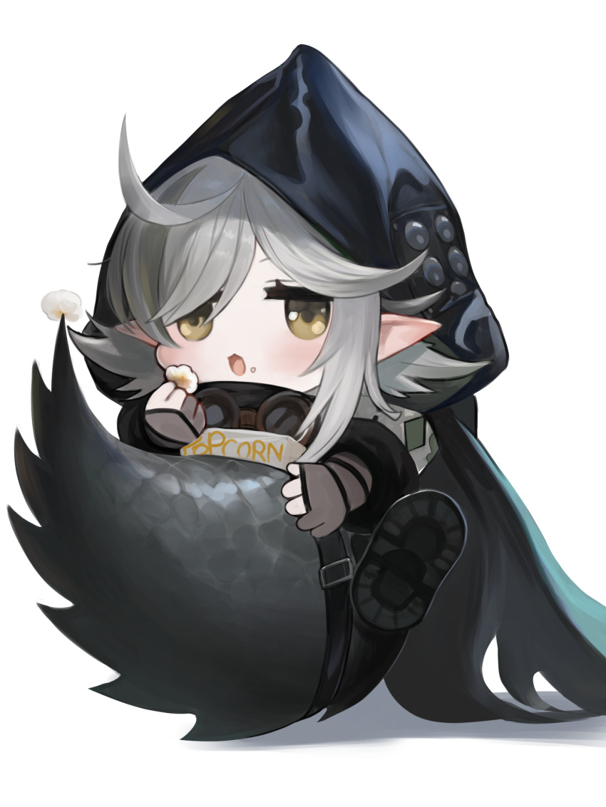 1girl ahoge arknights black_cape blush cape chibi crocodilian_tail dokomon food food_on_face gloves goggles goggles_around_neck grey_gloves grey_hair highres holding holding_food hood hood_up hooded_cape open_mouth partially_fingerless_gloves pointy_ears popcorn shadow sidelocks simple_background sitting_on_own_tail solo tail tomimi_(arknights) white_background yellow_eyes
