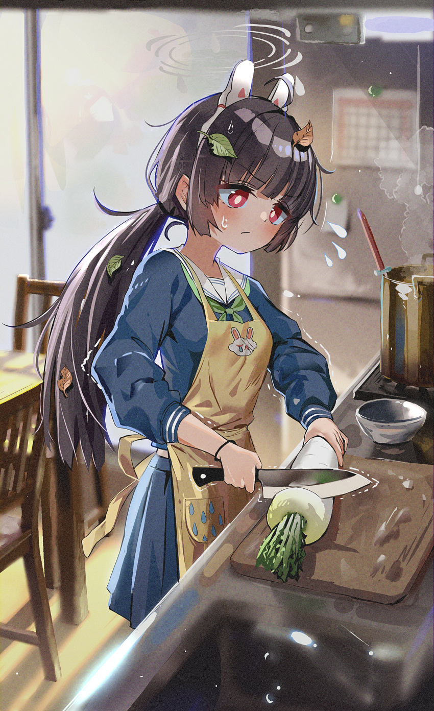 1girl animal_ears black_hair blue_archive blue_serafuku blue_skirt bright_pupils chopping cutting_board fake_animal_ears green_neckerchief halo highres holding holding_knife kitchen_knife knife leaf leaf_on_head long_hair miyu_(blue_archive) neckerchief radish red_eyes revision ryoma_(rym_369) sailor_collar school_uniform serafuku skirt solo sweatdrop white_pupils white_sailor_collar