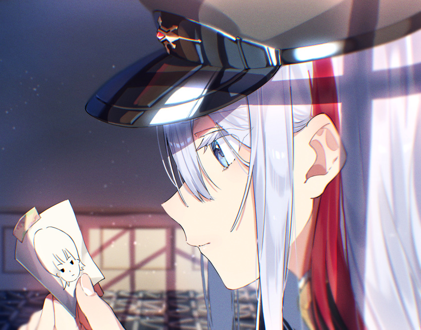 1girl 86_-eightysix- absurdres backlighting black_headwear closed_mouth commentary drawing_(object) fingernails grey_eyes grey_hair hair_behind_ear hat highres holding holding_paper long_hair military_hat multicolored_hair paper peaked_cap profile red_hair rinzawa shinei_nouzen sidelocks solo streaked_hair vladilena_millize