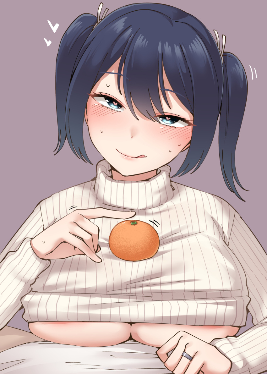 1girl absurdres black_hair blue_eyes breasts food fruit grey_background highres kantai_collection kiritto large_breasts long_sleeves looking_at_viewer mandarin_orange medium_hair oppai_mochi ribbed_sweater simple_background solo souryuu_(kancolle) sweater underboob upper_body white_sweater