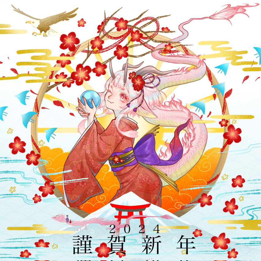 1girl 2024 2boys animal animal_ear_fluff animal_ears back_bow bald_eagle bird blue_background bow brown_horns chinese_zodiac claws closed_mouth colored_eyelashes cowboy_shot dated dragon dragon_girl dragon_horns dragon_riding dragon_tail eagle egasumi fang flower fur-tipped_tail gradient_background hair_flower hair_ornament hair_ribbon hands_up highres horns japanese_clothes kimono long_sleeves long_tail looking_at_viewer mount_fuji multicolored_background multiple_boys obi obiage obijime one_eye_closed orange_clouds original pink_eyes pink_hair pink_scales purple_bow purple_ribbon red_flower red_kimono ribbon rope sabuneko2645 sash scales shimenawa short_eyebrows short_hair_with_long_locks sidelocks skin_fang slit_pupils smile solo_focus standing sun sunburst tail torii white_background whorled_clouds wide_sleeves wood_horns year_of_the_dragon