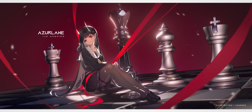 absurdres akumon_mon artist_name azur_lane bangs black_footwear black_hair black_legwear black_skirt blunt_bangs character_name chess_piece chessboard copyright_name dutch_angle english_commentary english_text eyebrows_visible_through_hair hair_ornament head_tilt highres hime_cut horns loafers long_hair looking_at_viewer neckerchief noshiro_(azur_lane) oni_horns oversized_object pantyhose pleated_skirt purple_eyes red_background red_ribbon ribbon sailor_collar school_uniform serafuku shoes sitting skin-covered_horns skirt straight_hair thigh_strap x_hair_ornament yellow_neckerchief