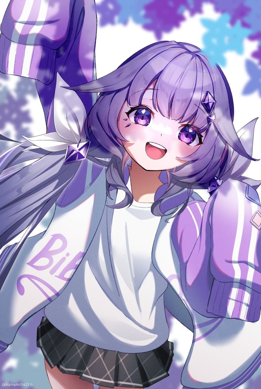 1girl absurdres alphaart black_skirt blush cowboy_shot gem gem_hair_ornament happy highres hololive jacket koseki_bijou long_hair looking_at_viewer low_twintails open_mouth purple_eyes purple_gemstone purple_hair purple_jacket shirt skirt smile solo twintails very_long_hair virtual_youtuber white_shirt