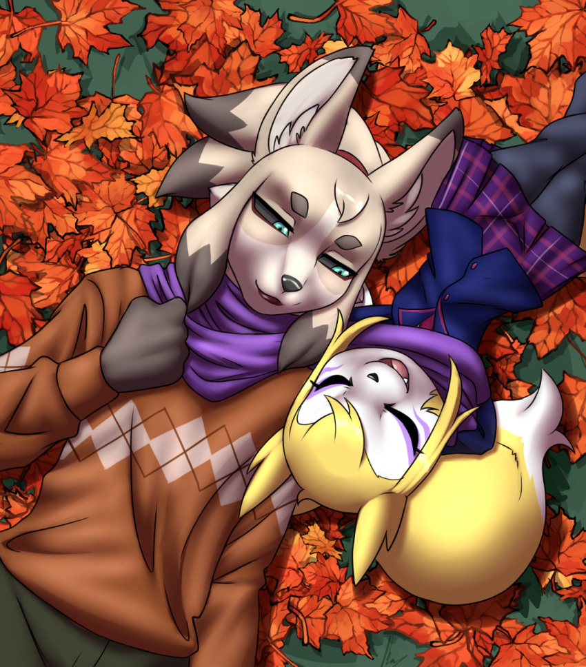 2_horns anthro autumn autumn_leaves bandai_namco bottomwear canid canine clothing dark_sclera digimon digimon_(species) duo eyes_closed facial_markings female fox furball genji hand_on_chest hands_behind_head head_markings hi_res horn hybrid imp impmon larger_male larger_male_smaller_female leaf leaves_on_ground leggings legwear looking_at_another looking_at_partner lying male male/female mammal markings on_back on_ground pants renamon renimpmon renimpmon_x scarf sharing_clothing sharing_scarf short_stack size_difference skirt smaller_female smile smiling_at_partner stockings sweater topwear