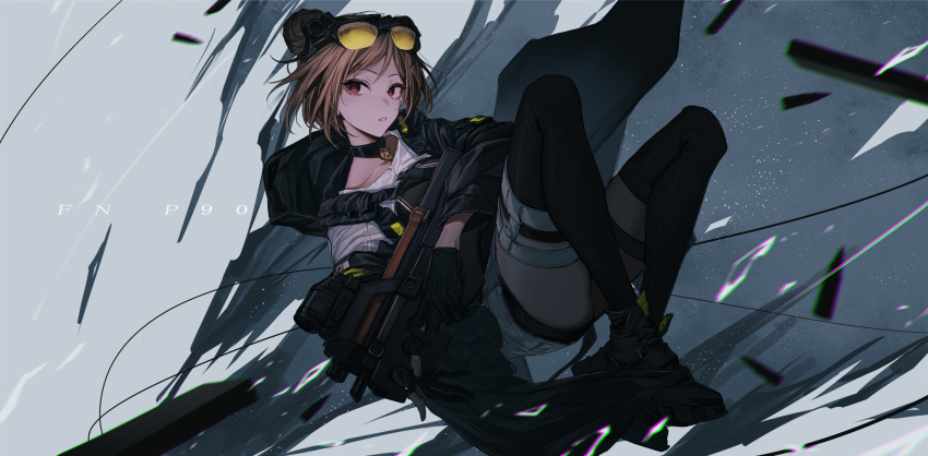 1girl black_gloves black_thighhighs brown_hair bullpup character_name commission double_bun eyewear_on_head girls'_frontline gloves gun hair_bun highres holding holding_gun holding_weapon hood hooded_jacket jacket namahamu913 p90 p90_(girls'_frontline) parted_lips red_eyes short_hair skeb_commission solo submachine_gun sunglasses thighhighs weapon weapon_name