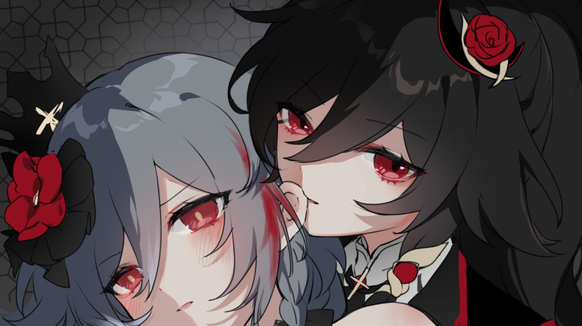 2girls black_shirt blush choker eyeliner flower fu_hua fu_hua_(blood_voivode) fu_hua_(herrscher_of_sentience) fu_hua_(shadow_knight) fu_hua_(turn_up_the_music!)_(herrscher_of_sentience) grey_hair hair_between_eyes hair_flower hair_ornament high_ponytail honkai_(series) honkai_impact_3rd long_hair makeup mangzhi_yaoyao multicolored_hair multiple_girls official_alternate_costume on_head parted_lips ponytail red_eyeliner red_eyes red_flower red_hair rose shirt streaked_hair vampire white_hair yellow_pupils yuri