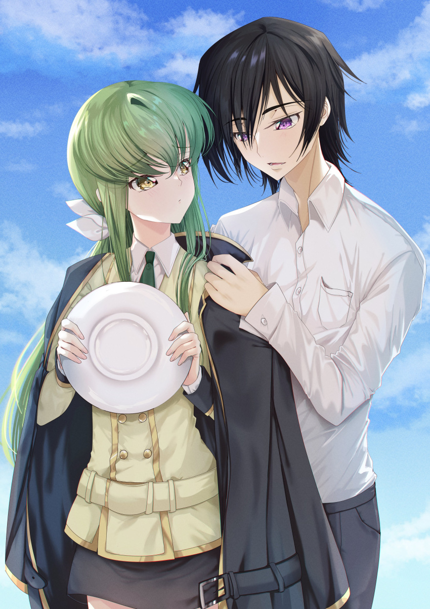 1boy 1girl absurdres backlighting black_hair black_jacket blazer blue_sky blush budgiepon c.c. casual closed_mouth code_geass collared_shirt commentary couple cowboy_shot day dress_shirt eye_contact frown green_hair green_necktie hair_between_eyes hair_ribbon hetero highres holding holding_plate jacket lelouch_vi_britannia long_hair long_sleeves looking_at_another necktie nose open_clothes open_jacket open_mouth outdoors plate purple_eyes ribbon school_uniform shirt short_hair sidelocks sky smile standing very_long_hair white_ribbon white_shirt yellow_eyes yellow_jacket