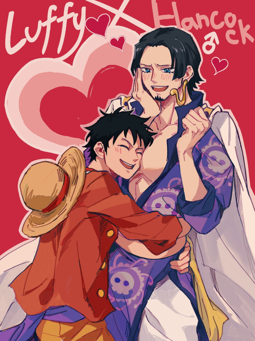 2boys between_pectorals black_hair blue_eyes blush boa_hancock cape character_name clenched_hand closed_eyes commentary_request demorzel earrings facial_hair genderswap genderswap_(ftm) goatee hand_on_own_face hat head_between_pecs heart heart_background highres hug jewelry looking_at_another male_focus monkey_d._luffy multiple_boys muscular muscular_male one_piece pants pectoral_cleavage pectorals red_background red_shirt shirt short_hair smile snake_earrings straw_hat stretched_limb white_cape white_pants yaoi