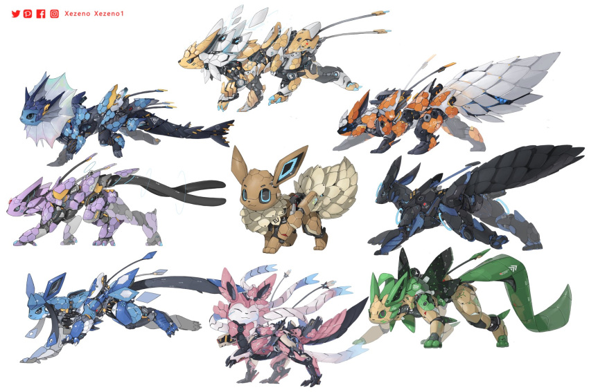 animal_focus artist_name black_sclera claws closed_eyes closed_mouth collage colored_sclera commentary eevee espeon evolutionary_line facebook_logo facebook_username fins flareon forehead_jewel forked_tail glaceon head_fins highres instagram_logo instagram_username jolteon leafeon mechanization no_humans non-humanoid_robot pixiv_logo pixiv_username pokemon pokemon_(creature) prehensile_ribbon robot robot_animal science_fiction simple_background sylveon tail twitter_logo twitter_username umbreon vaporeon white_background xezeno