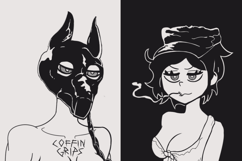 ambiguous_gender animal_mask bdsm chain death_grips dominant dominant_female duo female human male mammal mask meme michanicks monochrome no_furry petplay pup_mask puppyplay redraw roleplay simple_background smokibg submissive submissive_ambiguous text the_coffin_of_andy_and_leyley the_money_store