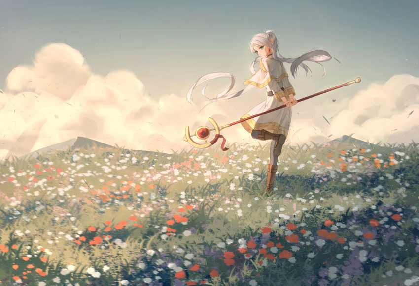 1girl absurdres black_pantyhose boots brown_footwear capelet cloud dangle_earrings drop_earrings earrings elf evening field flower flower_field frieren full_body green_eyes highres holding holding_staff jewelry leg_lift long_hair mage_staff outdoors pantyhose pointy_ears shirt skirt sky solo sousou_no_frieren staff standing standing_on_one_leg striped striped_shirt twintails white_capelet white_hair white_skirt xiamianhaiya