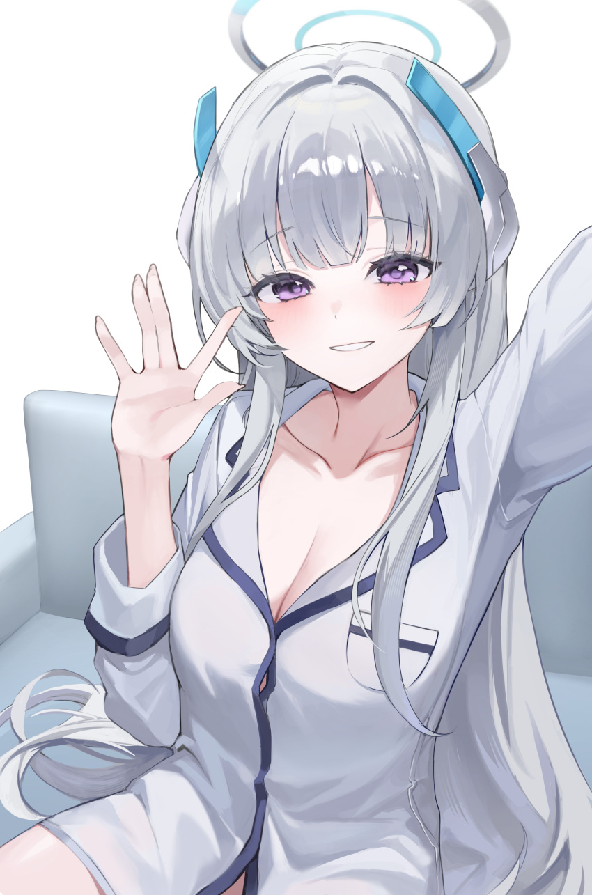 1girl absurdres arm_up blue_archive blush breasts chaerom cleavage collarbone fingernails grey_hair grin halo highres large_breasts long_hair long_sleeves looking_at_viewer mechanical_halo noa_(blue_archive) pajamas purple_eyes simple_background sitting smile solo white_background white_pajamas