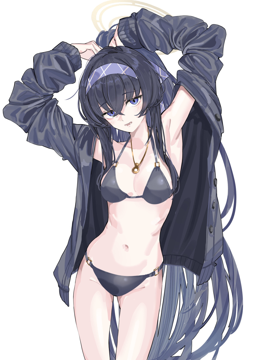 1girl absurdres bikini black_bikini black_hair black_jacket blue_archive blush breasts cowboy_shot groin hair_between_eyes hairband highres jacket jewelry kazukingu long_hair long_sleeves looking_at_viewer navel official_alternate_costume open_clothes open_jacket open_mouth pendant ponytail purple_eyes purple_hairband simple_background small_breasts solo swimsuit ui_(blue_archive) ui_(swimsuit)_(blue_archive) white_background