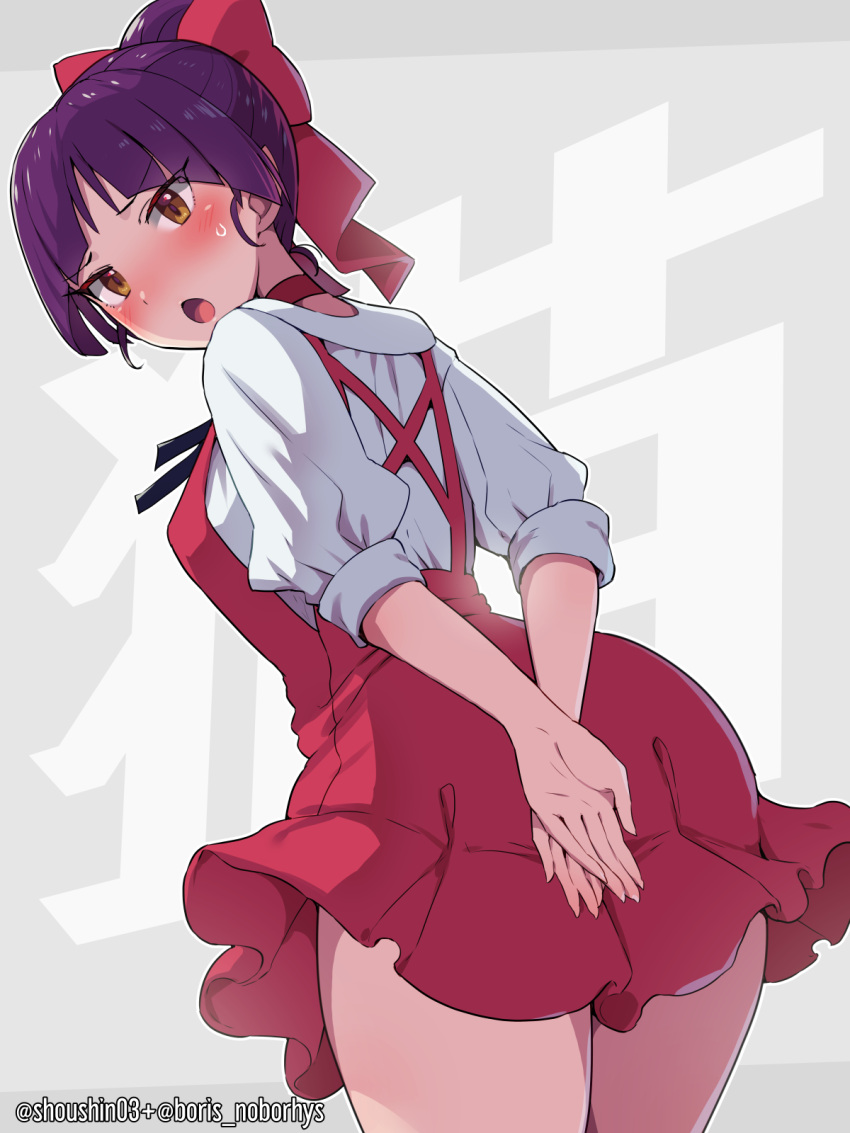 1girl ass blush boris_(noborhys) bow breasts dress gegege_no_kitarou hair_bow hair_bun highres looking_at_viewer looking_back nekomusume nekomusume_(gegege_no_kitarou_6) open_mouth pointy_ears purple_hair red_bow red_dress shirt short_hair single_hair_bun sleeves_rolled_up small_breasts solo thighs white_shirt yellow_eyes