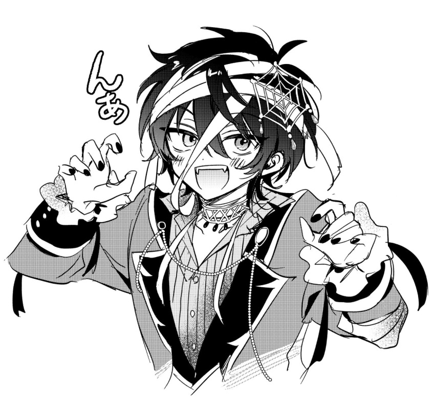 1boy ahoge akiyama_enma bandaged_head bandages blush claw_pose commentary_request cropped_torso ensemble_stars! fangs heterochromia highres jacket jewelry kagehira_mika looking_at_viewer male_focus monochrome nail_polish necklace open_mouth short_hair sketch smile solo spider_web_hair_ornament