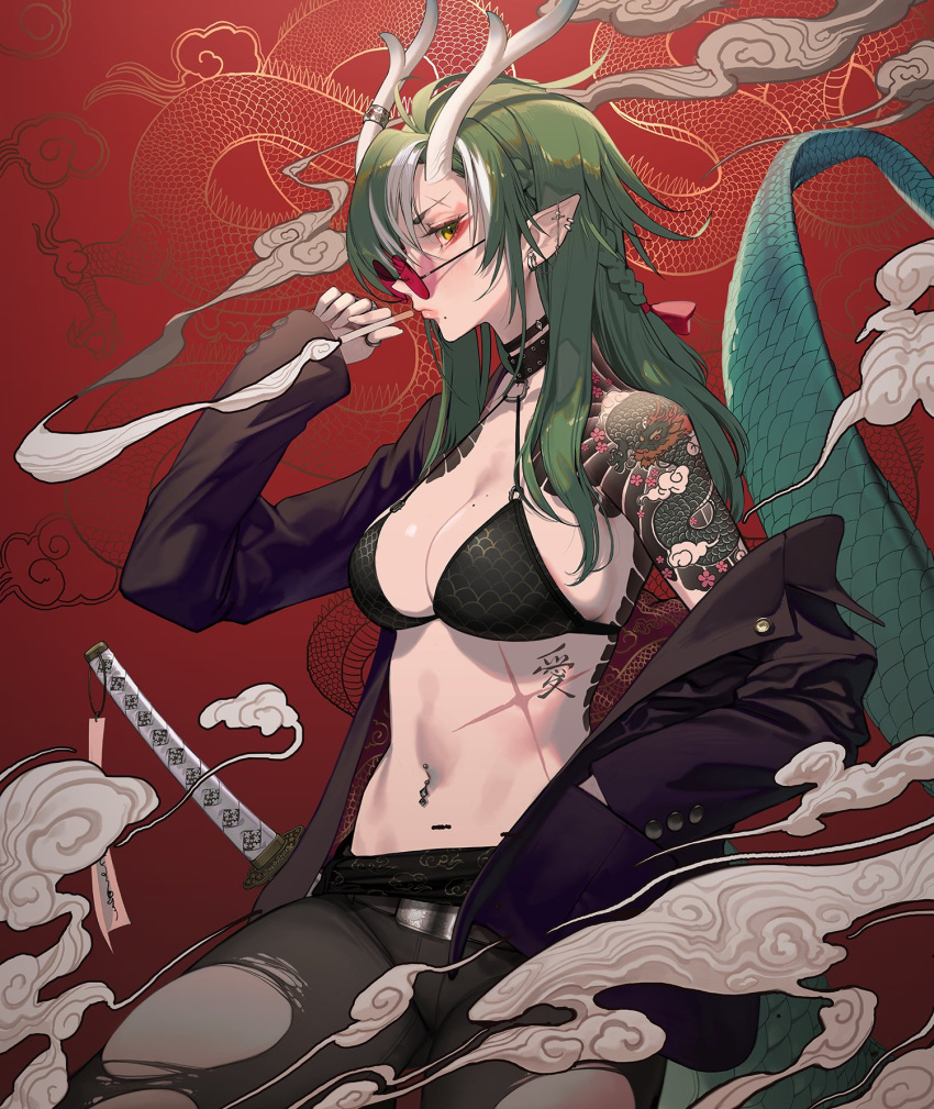 1girl arm_tattoo belt bikini bikini_top_only black_bikini black_choker black_jacket black_pants bow braid breasts brown_eyes choker cigarette cleavage closed_mouth commentary cowboy_shot dragon_girl dragon_horns dragon_tail dragon_tattoo ear_piercing green_hair green_tail hair_bow hand_in_pocket highres holding holding_cigarette horn_ornament horns jacket katana large_breasts long_hair long_sleeves looking_at_viewer looking_to_the_side midriff mole mole_on_breast mole_under_mouth multiple_piercings navel navel_piercing open_clothes open_jacket original pants piercing pointy_ears red-tinted_eyewear red_background red_bow round_eyewear sheath sheathed shoulder_tattoo smoke solo sunglasses swimsuit sword tail tattoo tinted_eyewear torn_clothes torn_pants weapon white_horns zig90