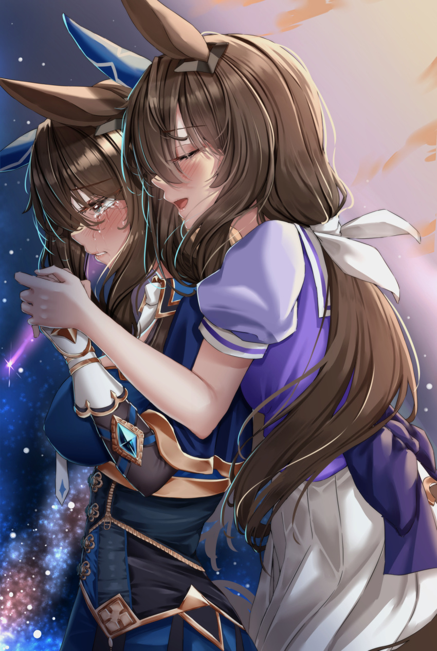 2girls admire_vega's_twin_sister_(umamusume) admire_vega_(umamusume) blue_dress brown_hair closed_eyes closed_mouth commentary crying crying_with_eyes_open dress ear_covers ear_ornament from_side frown gloves hair_ribbon half-closed_eyes highres holding_hands horse_girl hug hug_from_behind long_hair low_ponytail multiple_girls night night_sky open_mouth pleated_skirt puffy_short_sleeves puffy_sleeves purple_shirt ribbon sad sailor_collar school_uniform shirt short_sleeves siblings single_ear_cover sisters skirt sky smile standing star_(sky) starry_sky tabunshake tears tracen_school_uniform twins umamusume white_gloves white_ribbon white_sailor_collar white_skirt