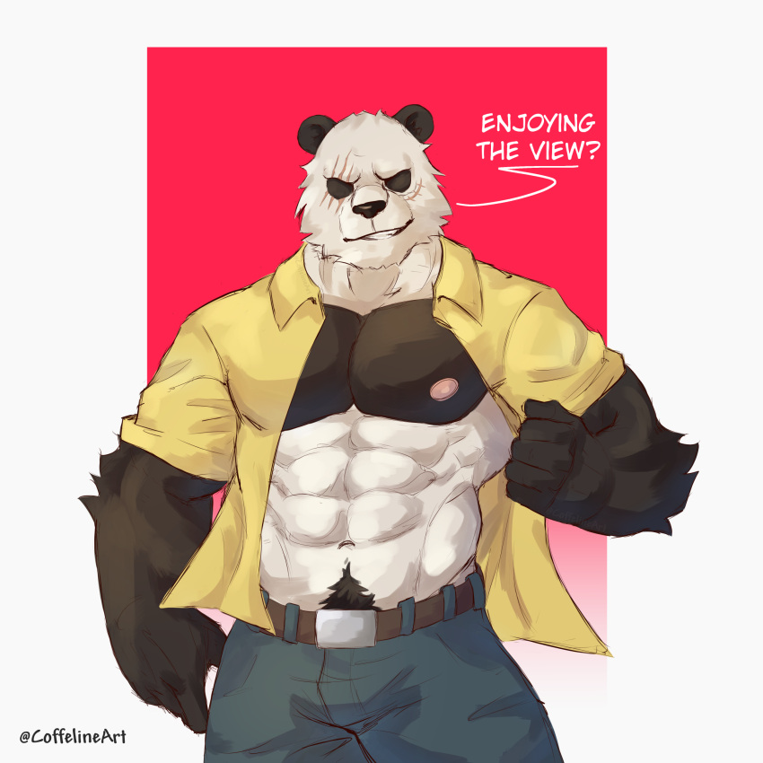 abs anthro belt bottomwear clothed clothing coffeline giant_panda gouhin hi_res male mammal muscular nipples open_clothing open_shirt open_topwear pants pecs pubes scar shirt simple_background smile solo topwear ursid