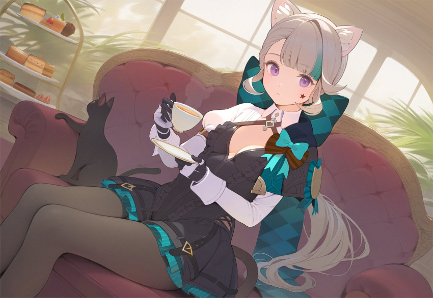1girl animal_ears black_cat black_dress blonde_hair blue_hair cat cat_ears cat_girl cat_tail closed_mouth cup dress expressionless facial_mark genshin_impact highres holding holding_cup long_hair low_ponytail lynette_(genshin_impact) multicolored_hair poki_(j0ch3fvj6nd) sitting solo star_(symbol) star_facial_mark star_on_cheek tail teacup white_sleeves