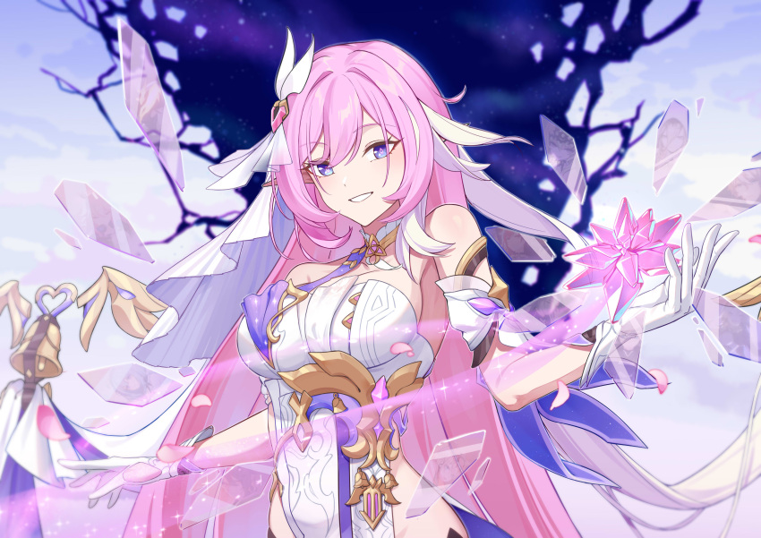 1girl absurdres bare_shoulders blue_eyes breasts commentary_request detached_sleeves dress elysia_(honkai_impact) gloves grin hair_ornament hfp~kubiao highres honkai_(series) honkai_impact_3rd long_hair looking_at_viewer medium_breasts pink_hair smile solo upper_body very_long_hair white_dress white_gloves