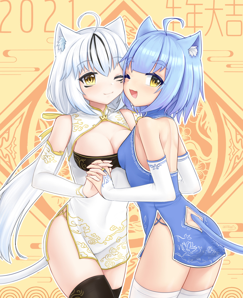 2021 2girls absurdres ahoge animal_ear_fluff animal_ears atlanta_(warship_girls_r) bare_shoulders black_legwear blue_dress blue_hair breasts cat_ears cat_girl cat_tail character_request china_dress chinese_clothes cleavage_cutout clothing_cutout dress happy_new_year highres looking_back multiple_girls new_year tail thighhighs warship_girls_r white_dress white_hair white_legwear william.b yellow_eyes