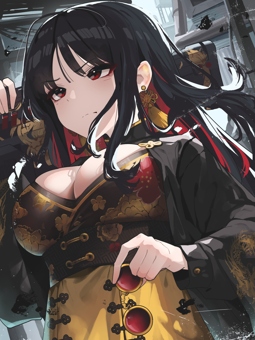 1girl absurdres black_hair breasts chinese_knot cityscape cleavage clothing_cutout dress earrings gloomyowl goddess_of_victory:_nikke gun highres holding holding_gun holding_weapon jewelry leg_cutout long_hair moran_(nikke) multicolored_hair ornate_clothes red-tinted_eyewear red_eyes tassel tassel_earrings tinted_eyewear two-tone_dress two-tone_hair unworn_eyewear weapon yellow_dress