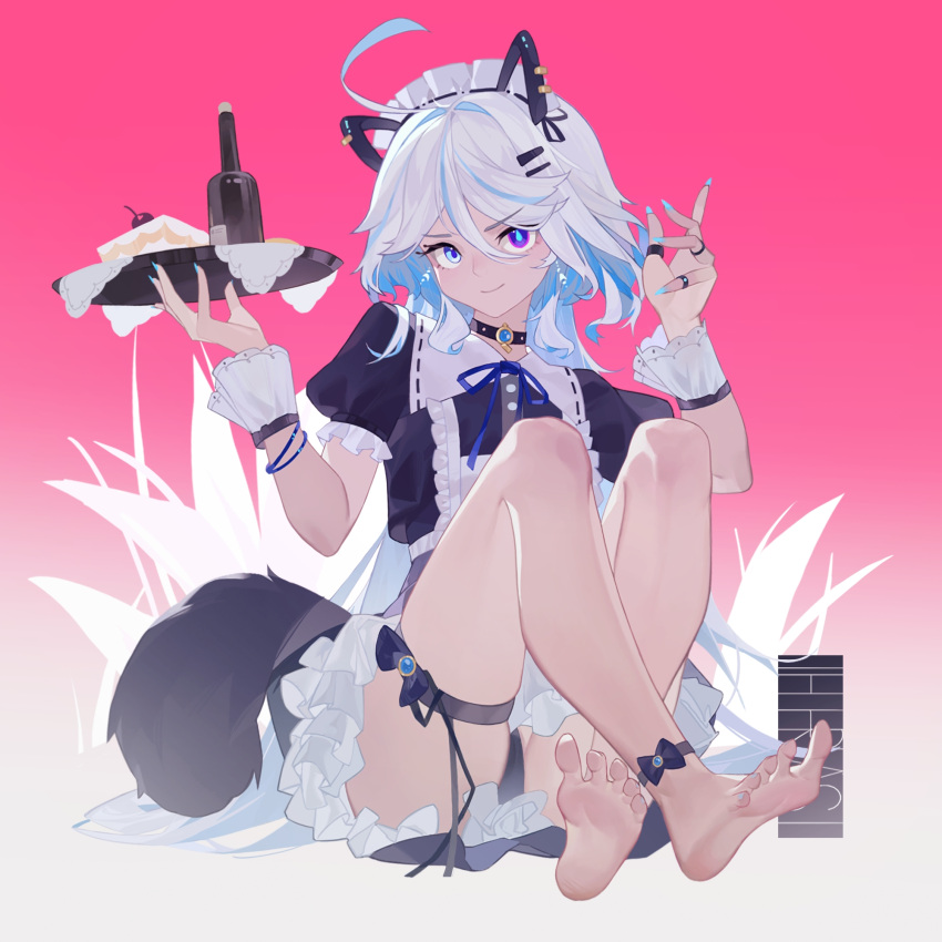 1girl alternate_costume animal_ears apron barefoot black_choker blue_eyes blue_hair blue_nails blue_panties bottle cameltoe cat_ears choker closed_mouth commentary cowlick fake_animal_ears feet furina_(genshin_impact) genshin_impact hands_up heterochromia highres holding holding_tray jewelry knees_up lettereast long_hair looking_at_viewer maid maid_apron maid_headdress multicolored_hair panties pantyshot pink_background puffy_short_sleeves puffy_sleeves ring short_sleeves simple_background sitting smile solo streaked_hair tail thigh_strap tray underwear variant_set white_hair wine_bottle