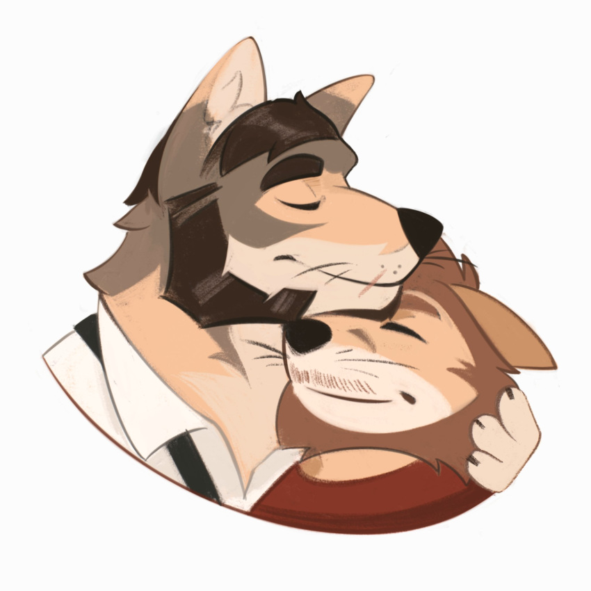 2boys bara brown_hair character_request closed_eyes couple cropped_head dog_boy facial_hair from_side furry furry_male furry_with_furry happy head_om_head highres male_focus mature_male multiple_boys mustache_stubble profile smile stubble thick_eyebrows venkman_(venkpng) whiskers yaoi