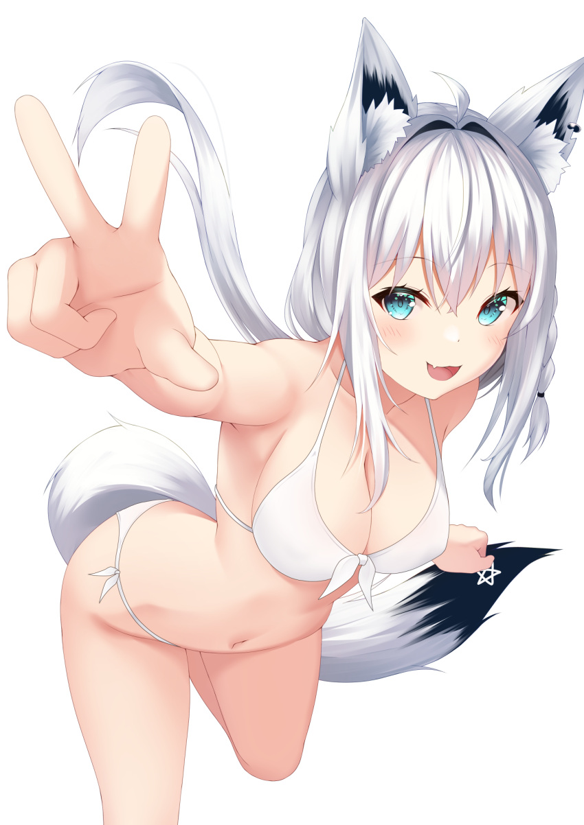 1girl ahoge animal_ear_fluff animal_ears bikini blue_eyes breasts cleavage fang fox_ears fox_girl fox_tail front-tie_bikini_top front-tie_top grey_hair highres hololive koko_sokodoko long_hair looking_at_viewer medium_breasts navel open_mouth shirakami_fubuki side-tie_bikini_bottom skin_fang smile solo swimsuit tail virtual_youtuber white_background white_bikini