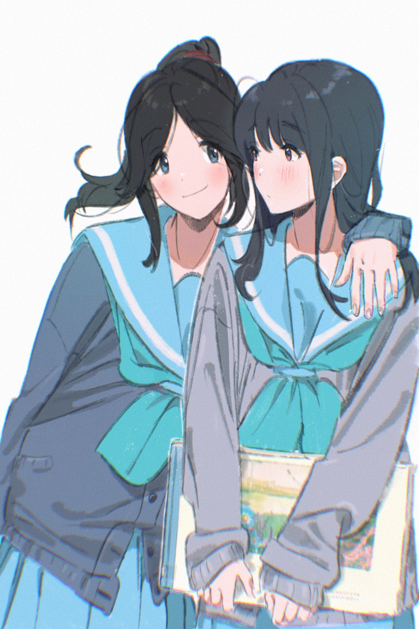 2girls aqua_neckerchief arm_around_neck black_cardigan black_hair blue_eyes blue_sailor_collar blurry blush cardigan closed_mouth cowboy_shot dentist_(artist) depth_of_field dot_nose grey_shirt hand_on_another's_shoulder hibike!_euphonium highres holding holding_notebook kasaki_nozomi liz_to_aoi_tori long_hair long_sleeves looking_at_another multiple_girls neckerchief notebook parted_bangs ponytail red_eyes sailor_collar school_uniform shirt sidelocks simple_background sleeves_past_wrists smile standing white_background yoroizuka_mizore yuri