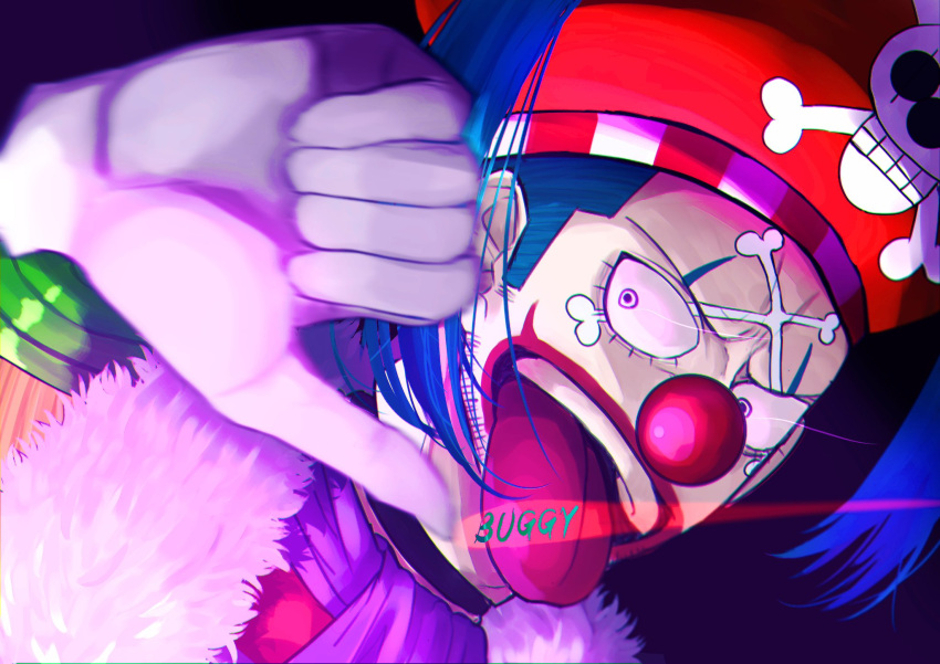 1boy blue_hair buggy_the_clown character_name clown_nose commentary facepaint facial_hair gloves hat highres jolly_roger male_focus one_piece open_mouth pirate_hat piyopiyo_abs purple_scarf red_nose scarf skull_and_crossbones smile solo teeth tongue tongue_out white_gloves