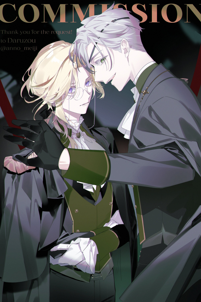 1boy 1girl :d absurdres androgynous anno_meiji ascot black_cape black_gloves black_jacket black_pants black_ribbon blonde_hair cape closed_mouth colored_eyelashes commission cowboy_shot crossdressing crossed_arms curtained_hair english_text epaulettes expressionless eyepatch frilled_sleeves frills glasses gloves green_eyes green_jacket green_vest grey_hair hair_ribbon highres jacket long_hair long_sleeves looking_at_viewer low_ponytail multicolored_clothes multicolored_jacket original outstretched_hand pants parted_bangs profile purple_eyes reverse_trap ribbon round_eyewear shadow short_hair sideways_glance skeb_commission sleeve_cuffs smile swept_bangs teeth twitter_username two-tone_jacket undercut upper_body upper_teeth_only vest white_ascot white_gloves