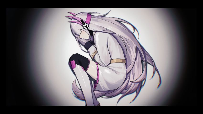 1girl black_gloves closed_eyes dress fetal_position gloves gold_belt gold_trim gown grey_dress grey_hair grey_thighhighs headgear headphones highres liv:_eclipse_(punishing:_gray_raven) liv_(punishing:_gray_raven) long_hair long_sleeves punishing:_gray_raven sidelocks solo thighhighs very_long_hair zhou_huan_(dgpe2833)