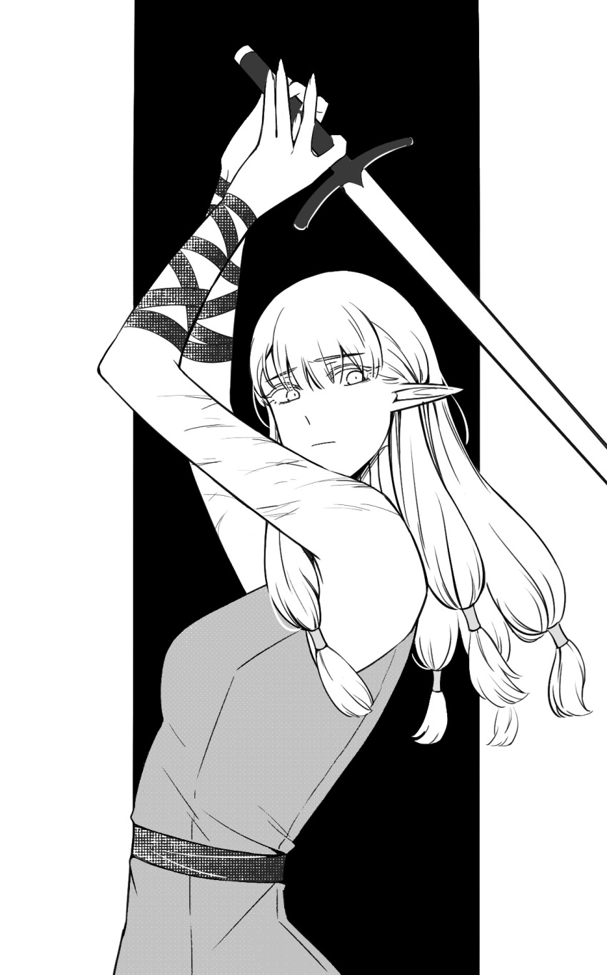 1girl arm_wrap arms_up bare_shoulders blunt_bangs breasts chinese_commentary closed_mouth dress dungeon_meshi elf eyelashes fighting_stance from_side greyscale hair_tubes highres holding holding_sword holding_weapon irithyll8157351 long_hair looking_at_viewer looking_to_the_side medium_breasts milsiril_(dungeon_meshi) monochrome multiple_scars outside_border pointy_ears sash scar scar_on_arm sleeveless sleeveless_dress solo sword two-handed upper_body weapon