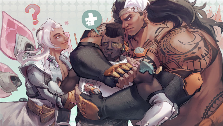 3boys armor baptiste_(overwatch) beard biceps black_hair dark_skin ear_piercing earrings facial_hair full-body_tattoo gauntlets highres hug implied_yaoi jewelry kakitesaikou lifeweaver_(overwatch) long_hair looking_at_another male_focus manly mature_male mauga_(overwatch) mechanical_arms mohawk multicolored_hair multiple_boys muscular muscular_male orange_eyes overwatch piercing simple_background smile solo tattoo thick_arms upper_body white_hair