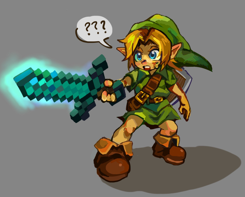 1boy ? ?? applepums belt blonde_hair blue_eyes brown_footwear commentary english_commentary full_body green_headwear green_tunic grey_background hat highres holding holding_sword holding_weapon link male_focus minecraft minecraft_sword open_mouth pointy_ears shoes short_hair simple_background solo spoken_question_mark standing sword the_legend_of_zelda weapon