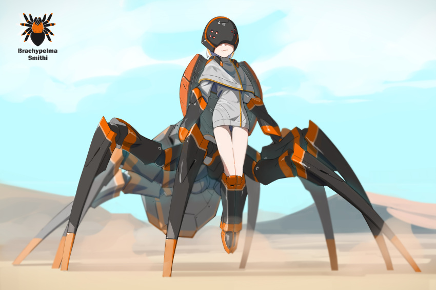 1girl absurdres armored_boots arthropod_girl blonde_hair boots capelet desert extra_legs full_body gauntlets head-mounted_display helmet highres larry_(anjisbai) looking_at_viewer mecha_musume original science_fiction solo spider_girl standing