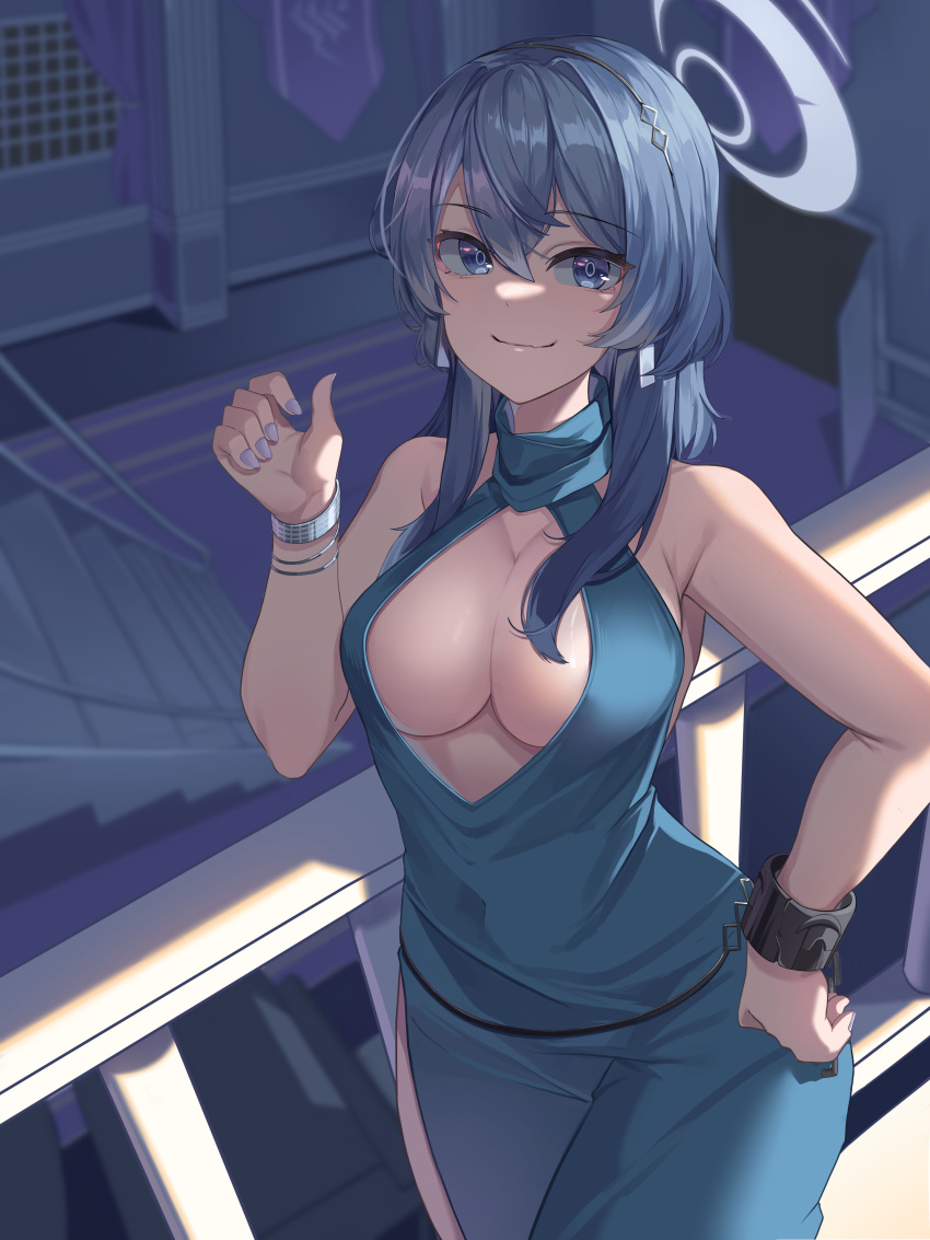 1girl absurdres ako_(blue_archive) ako_(dress)_(blue_archive) bare_shoulders blue_archive blue_dress blue_eyes blue_hair blue_halo breasts cleavage_cutout closed_mouth clothing_cutout commentary_request cowboy_shot dress hair_over_shoulder halo hand_on_own_hip hand_up highres indoors large_breasts long_hair looking_at_viewer purple_nails shiwa_(jired1234) single_handcuff smile solo stairs